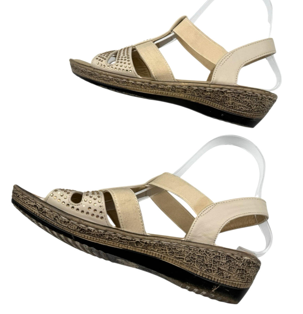 Softlites Sandals Elasticated Diamante Low Heel Cushioned Gladiator Beige Gold