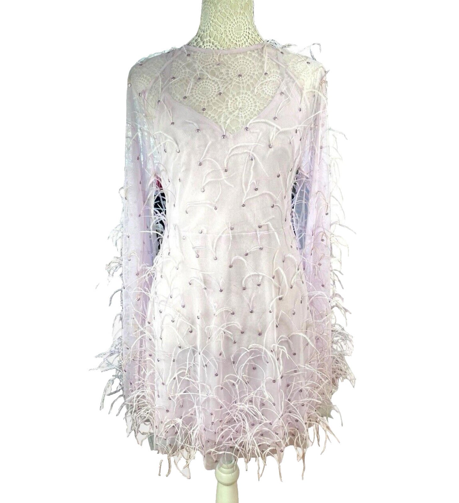 Lace & Beads Lilac Aster Feather Midi Dress Shawl Sleeve Women’s UK Size 10