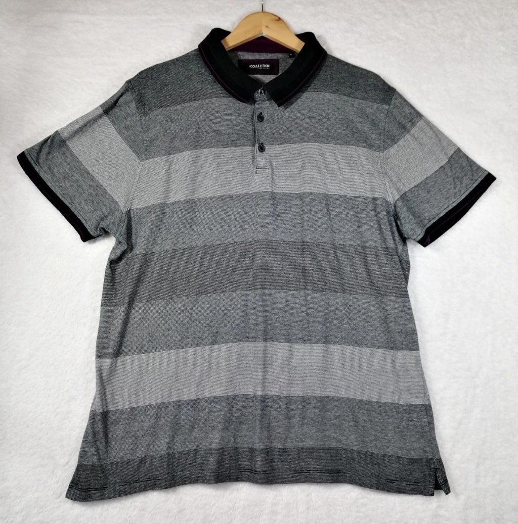 Debenhams Men's UK Size XL Grey Polo Shirt Striped Plum Black Collar Side Gusset