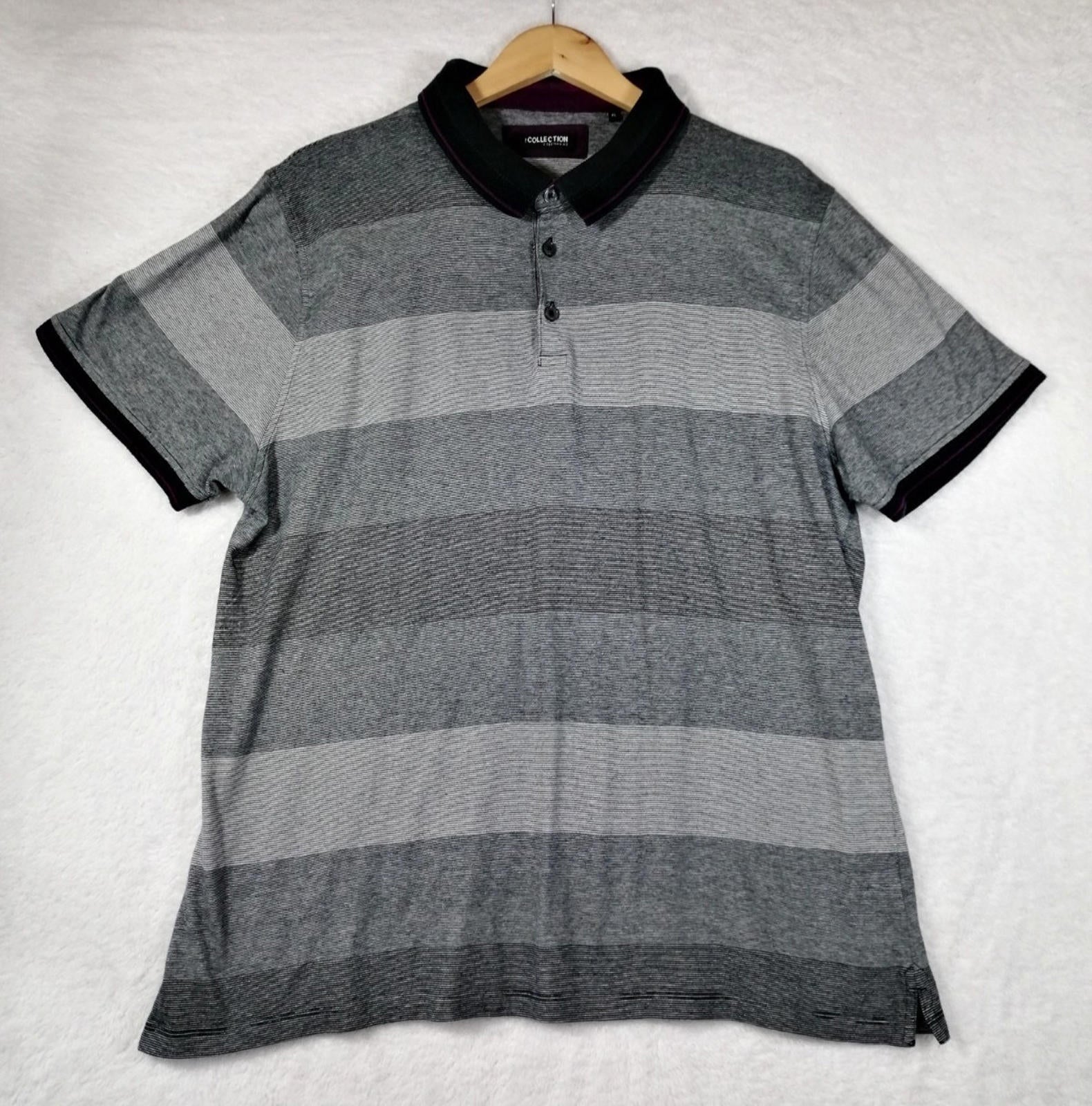 Debenhams Men's UK Size XL Grey Polo Shirt Striped Plum Black Collar Side Gusset