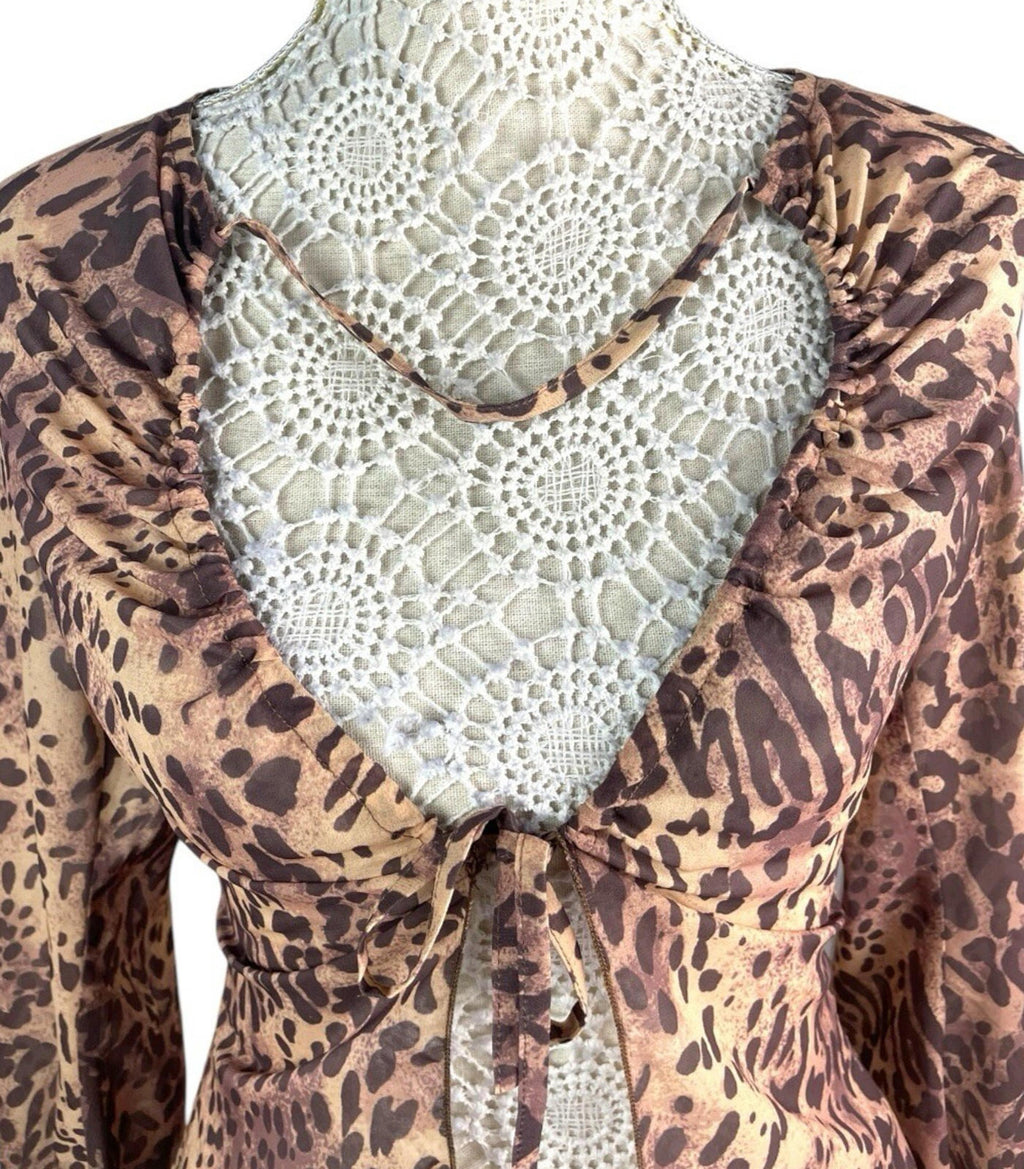 Pretty Little Thing Leopard Print Tie Front Blouse Women’s UK Size 8 Flared Cuff