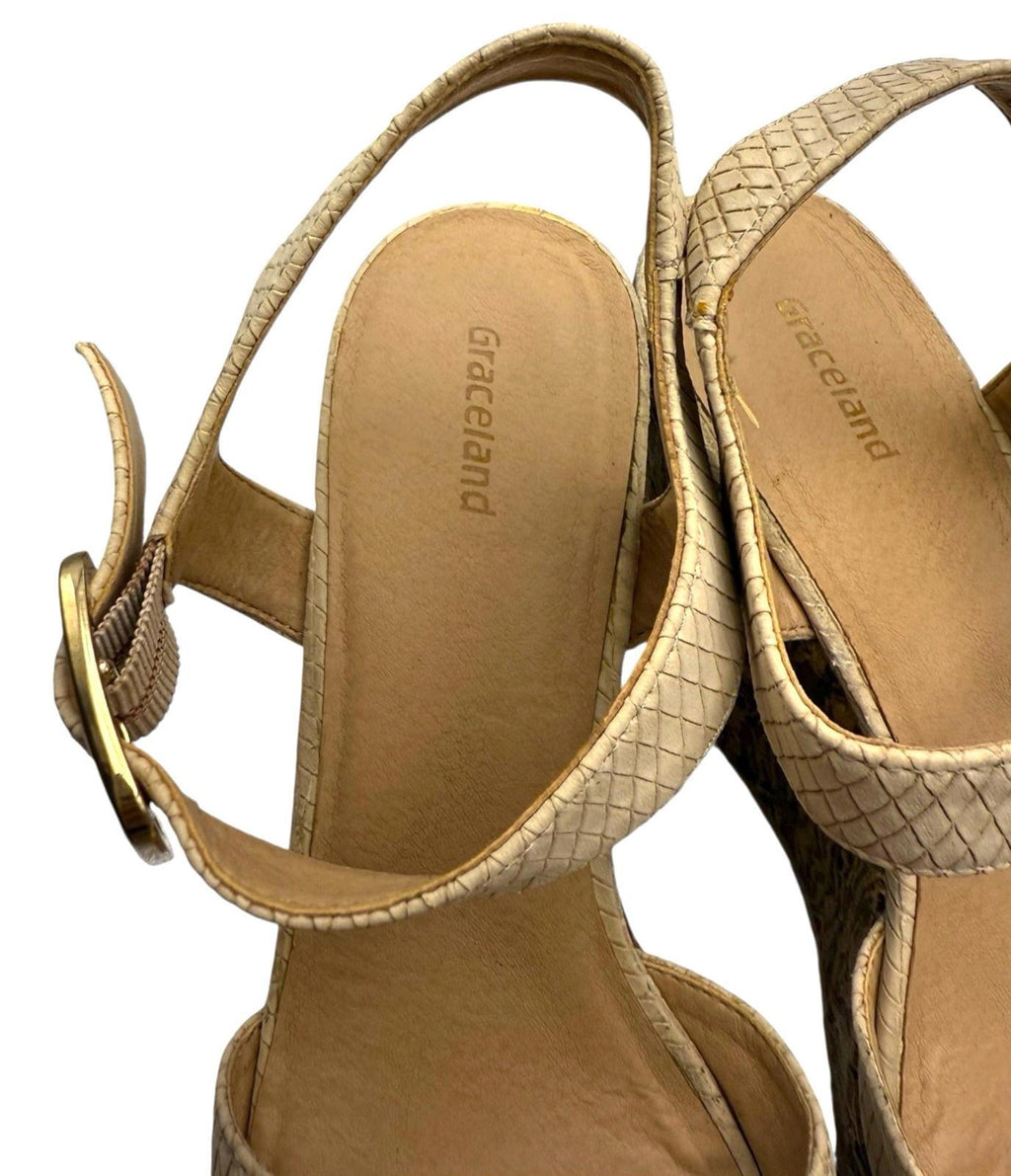 Graceland Wedge Sandals Open Toe Beige Faux Leather Women’s UK Size 5