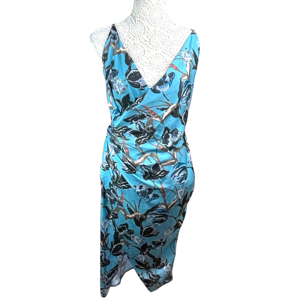 ASOS Blue Floral Midi Dress Silk Effect Women’s UK Size 12