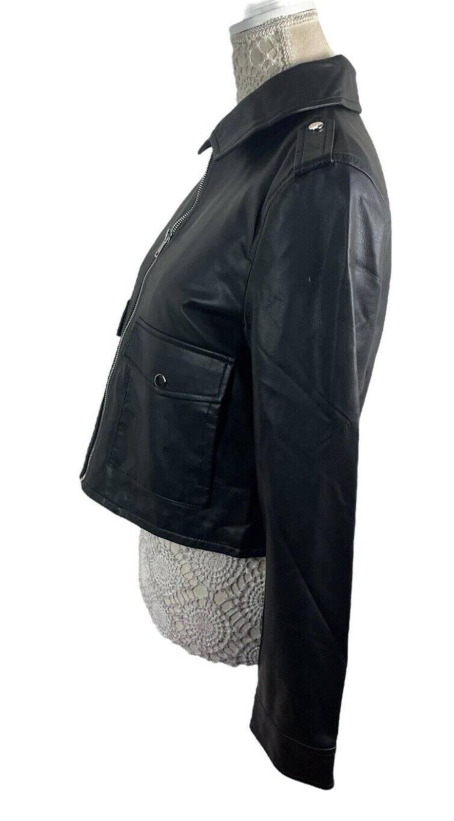 Stradivarius Black Faux Leather Jacket Mid Length Women’s UK Size S