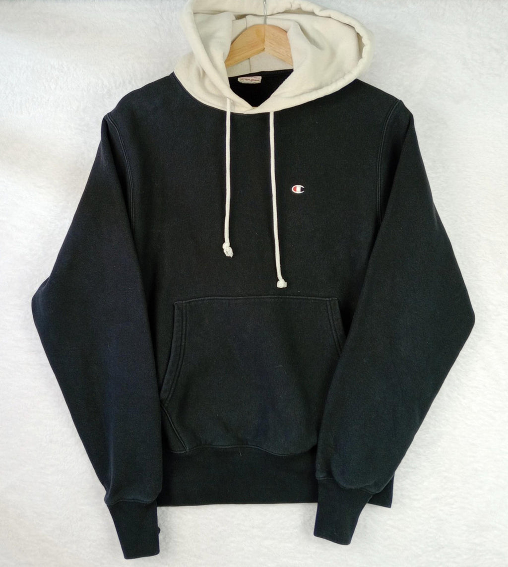Champion Hoodie Men's UK Size S Black White Jersey Hooded Pockets Cotton Rich