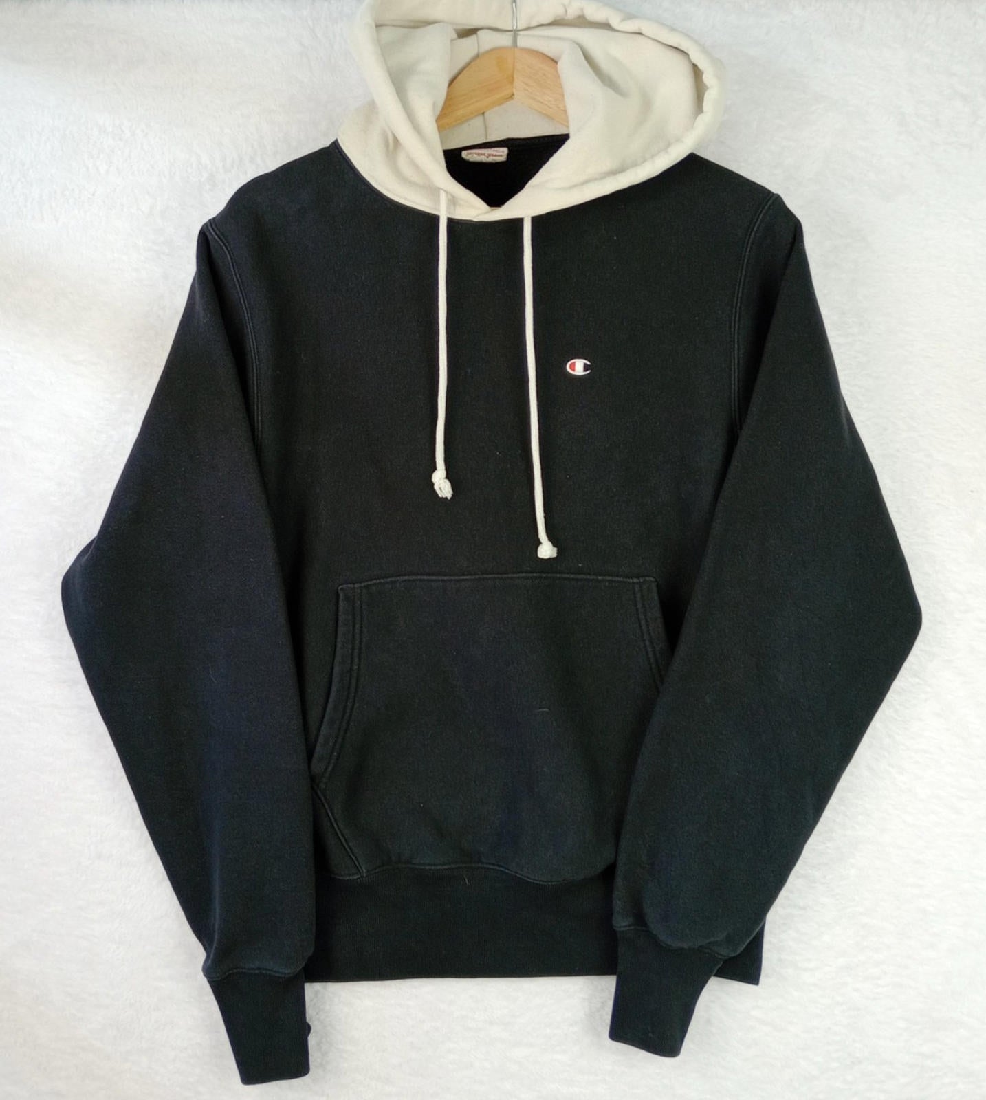 Champion Hoodie Men's UK Size S Black White Jersey Hooded Pockets Cotton Rich