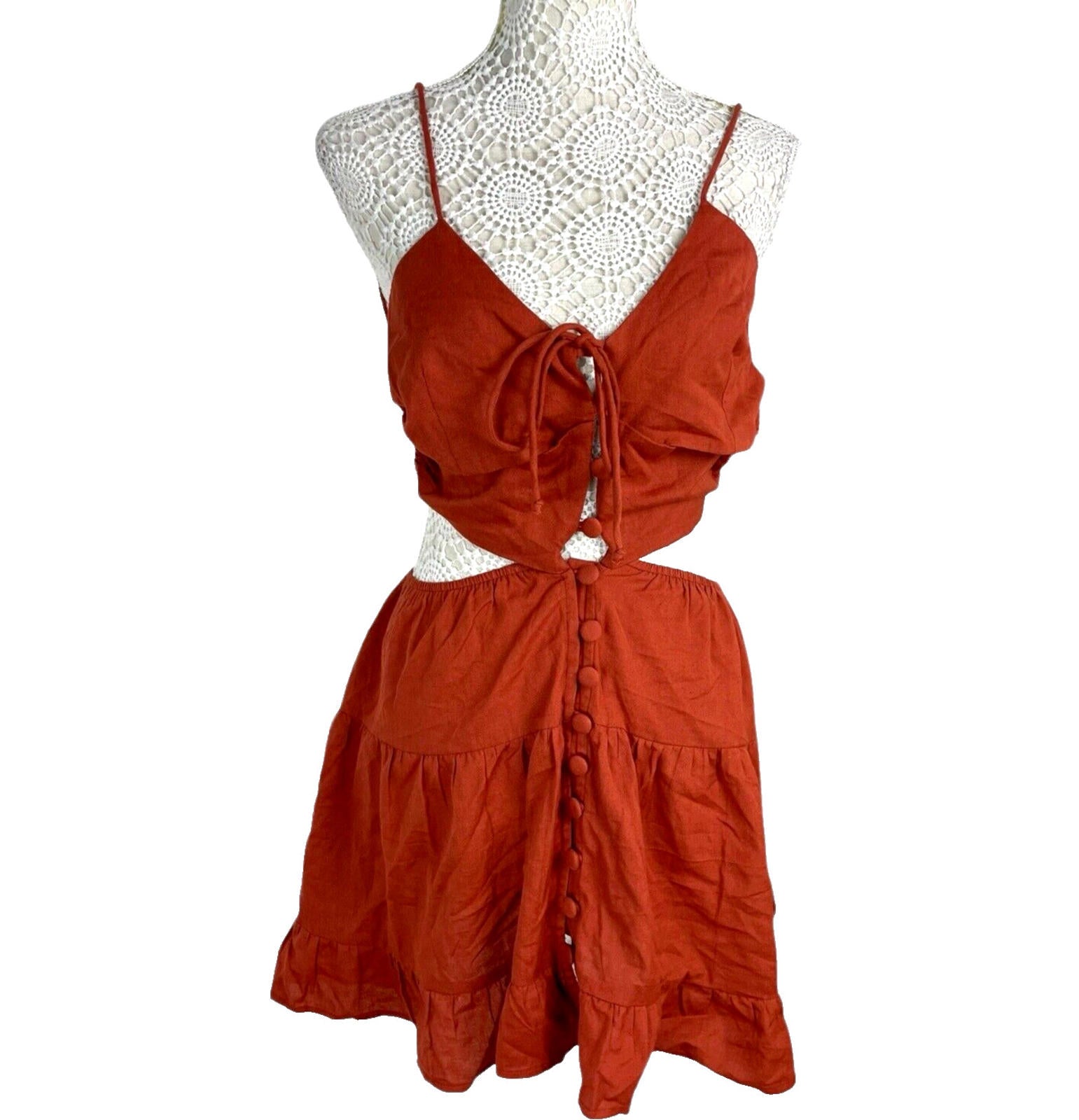 Rust-Colored Mini Dress Women’s UK Size 8 Tie Front Cut Out Waist Ruffled Skirt