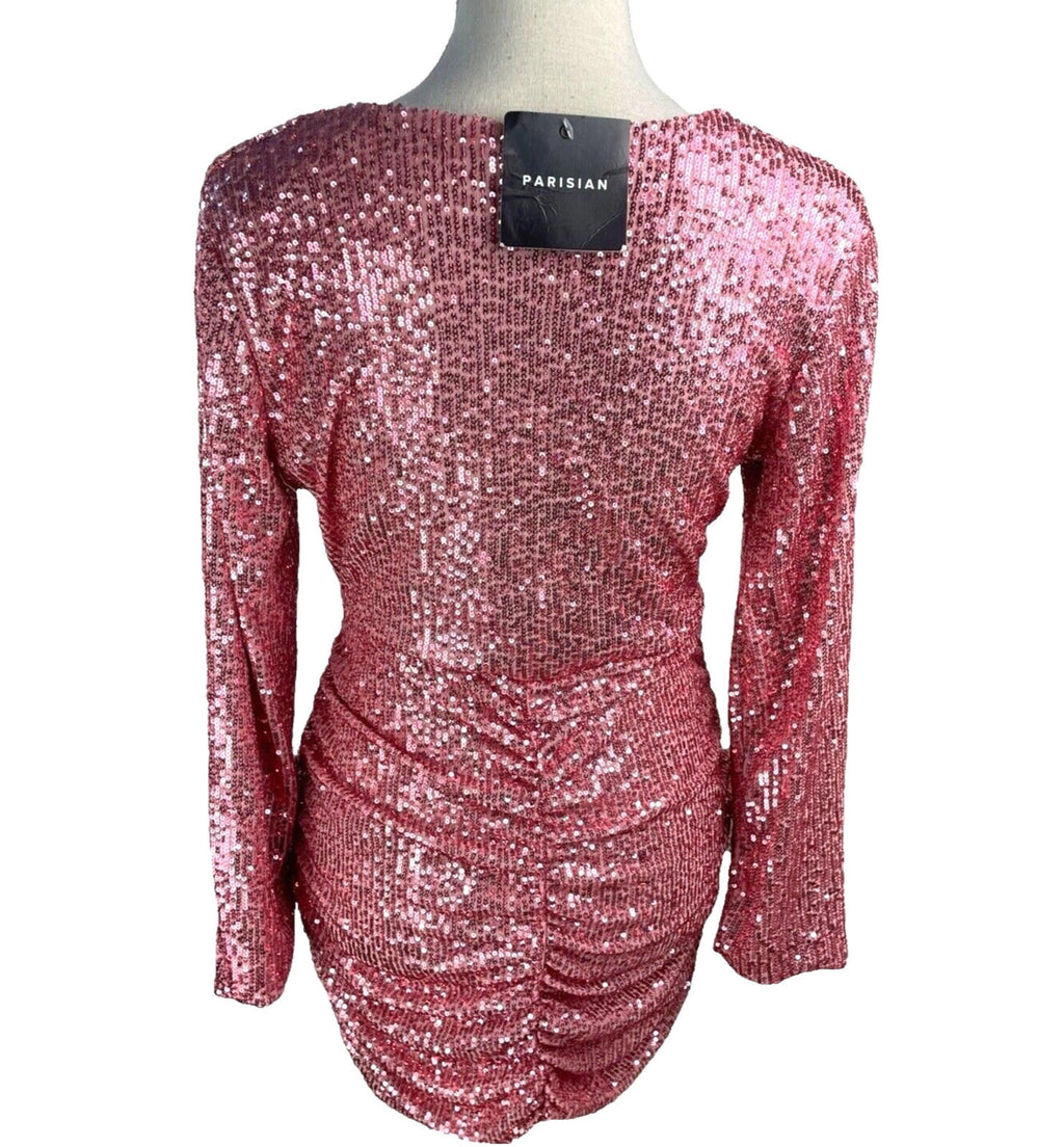 Parisian Mini Dress Pink Full Sequin Long Sleeve Occasion Women’s UK Size M (10)