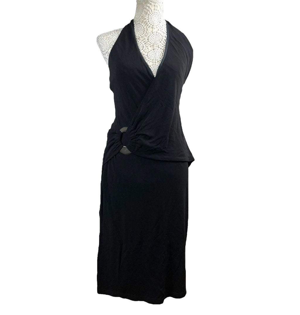 Karen Millen Black Midi Dress D-Ring Design Halterneck Women’s UK Size 12