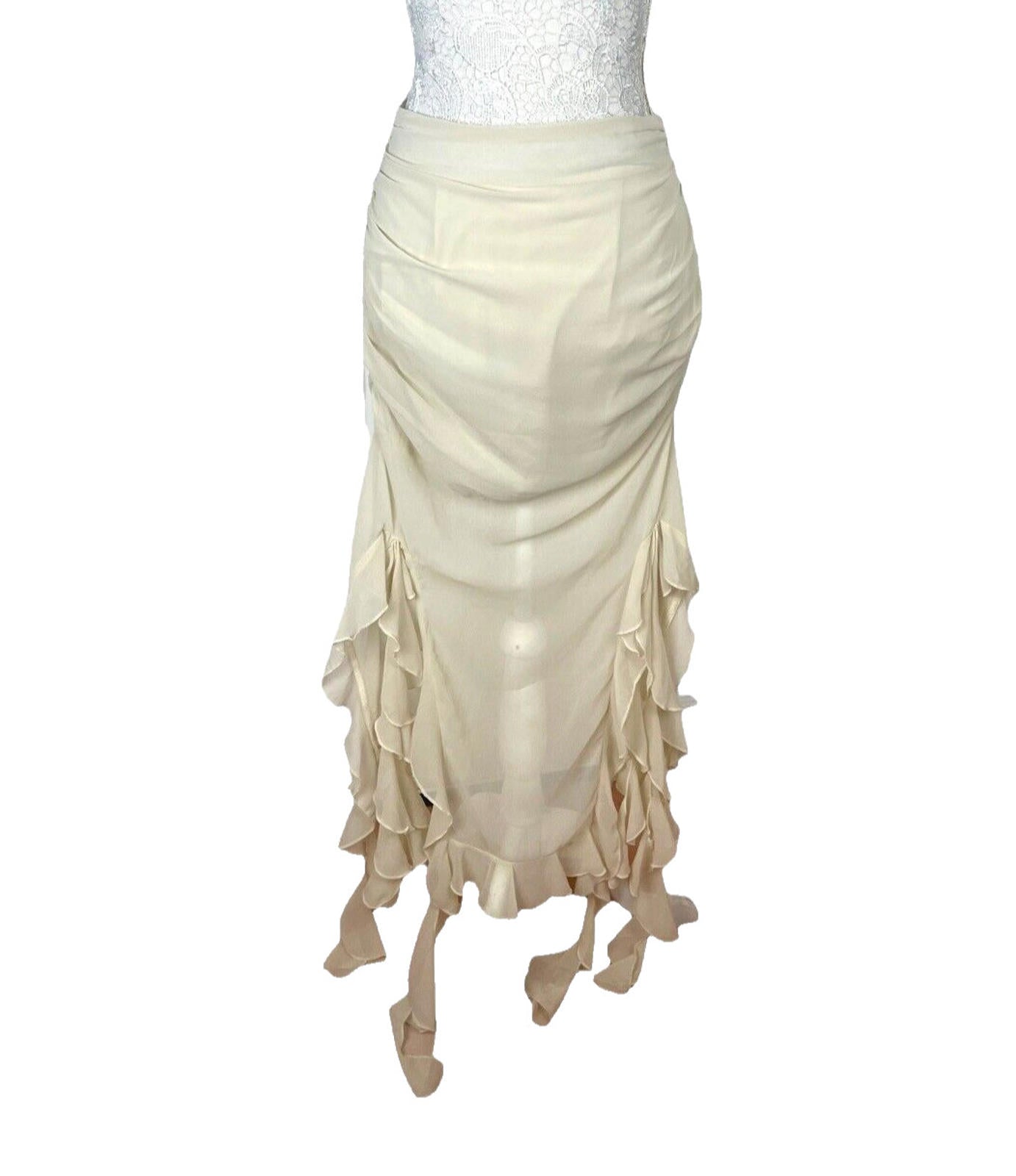 Pretty Little Thing Midaxi Skirt Beige Chiffon Ruffle Detail Women's UK Size 8