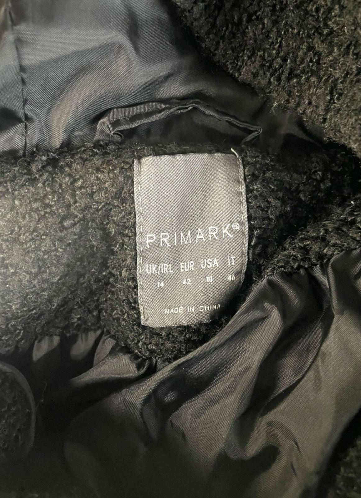 Primark Black Teddy Fleece Coat Mid Length Hooded Women’s UK Size 14