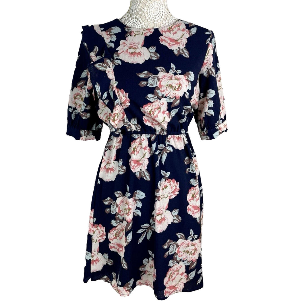 Urban Bliss Midi Dress Navy Floral High Neck Elastic Waist Women’s UK Size 10
