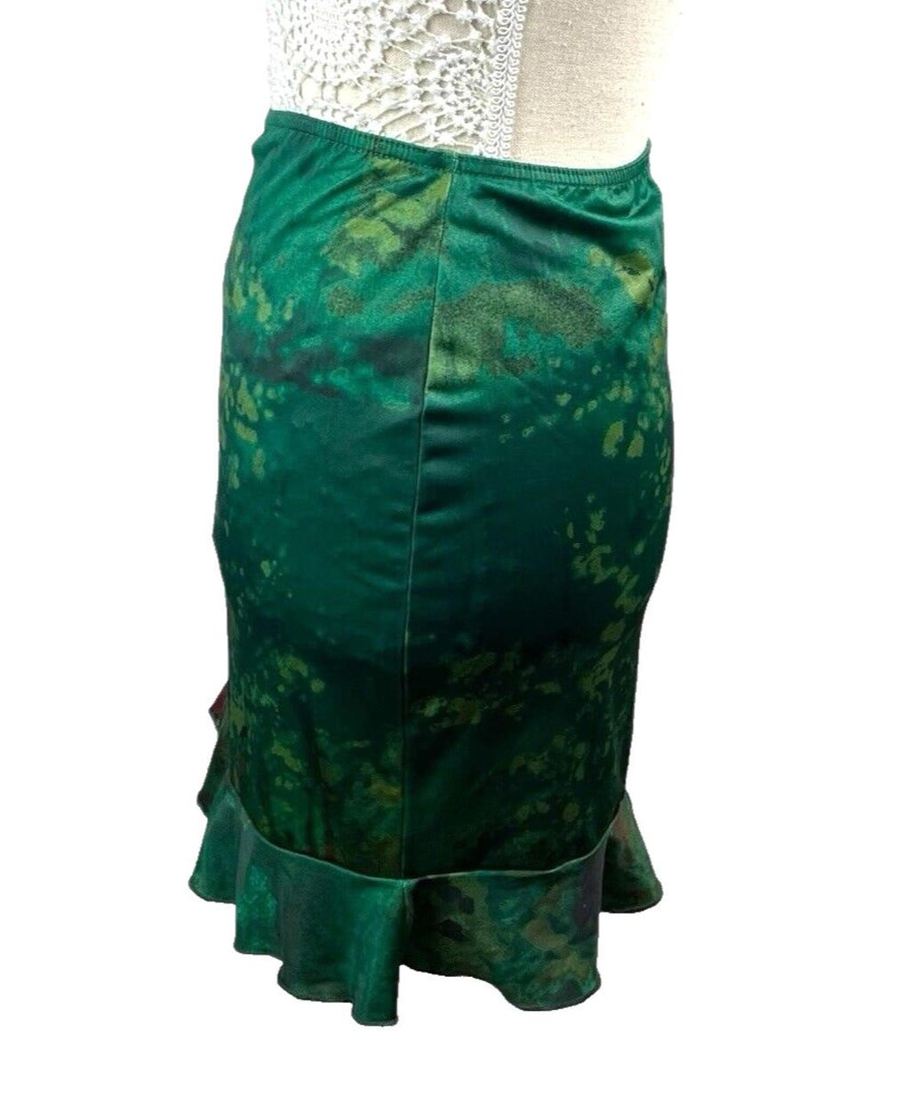 Manor Mini Skirt Dark Green Satin High Waist Frilled Hem Women’s UK Size 8