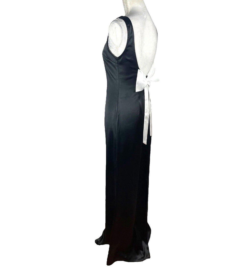 Satin Ballgown Prom Dress Low Back Black White Satin Bow Detail UK Size 8