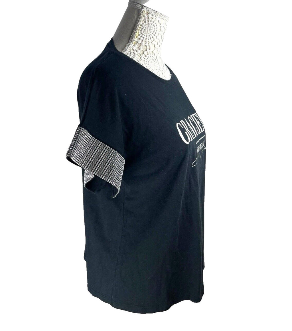 River Island T-shirt Top Dimante Sleeve Detail Women’s UK Size 14
