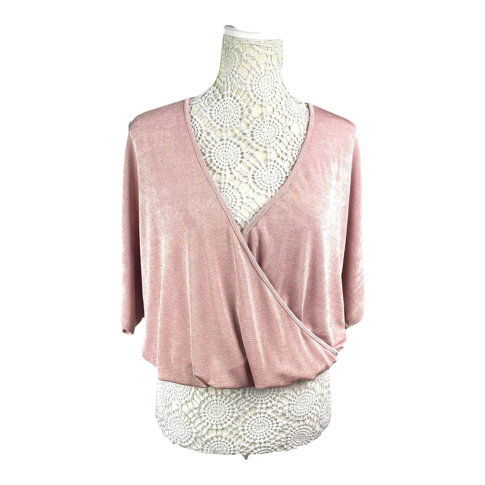 New Look Wrap Blouse Top Women’s UK Size 10 Pink Drape Front Shimmer 3/4 Sleeve