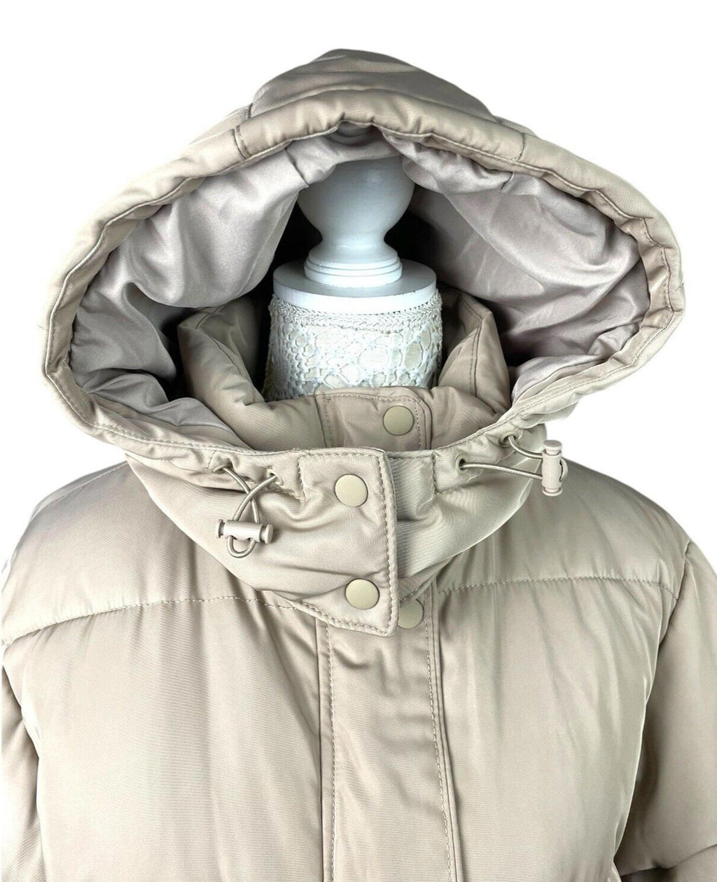 Pull & Bear Puffer Jacket Women's UK Size XS Beige Relaxed Fit Removable Hood