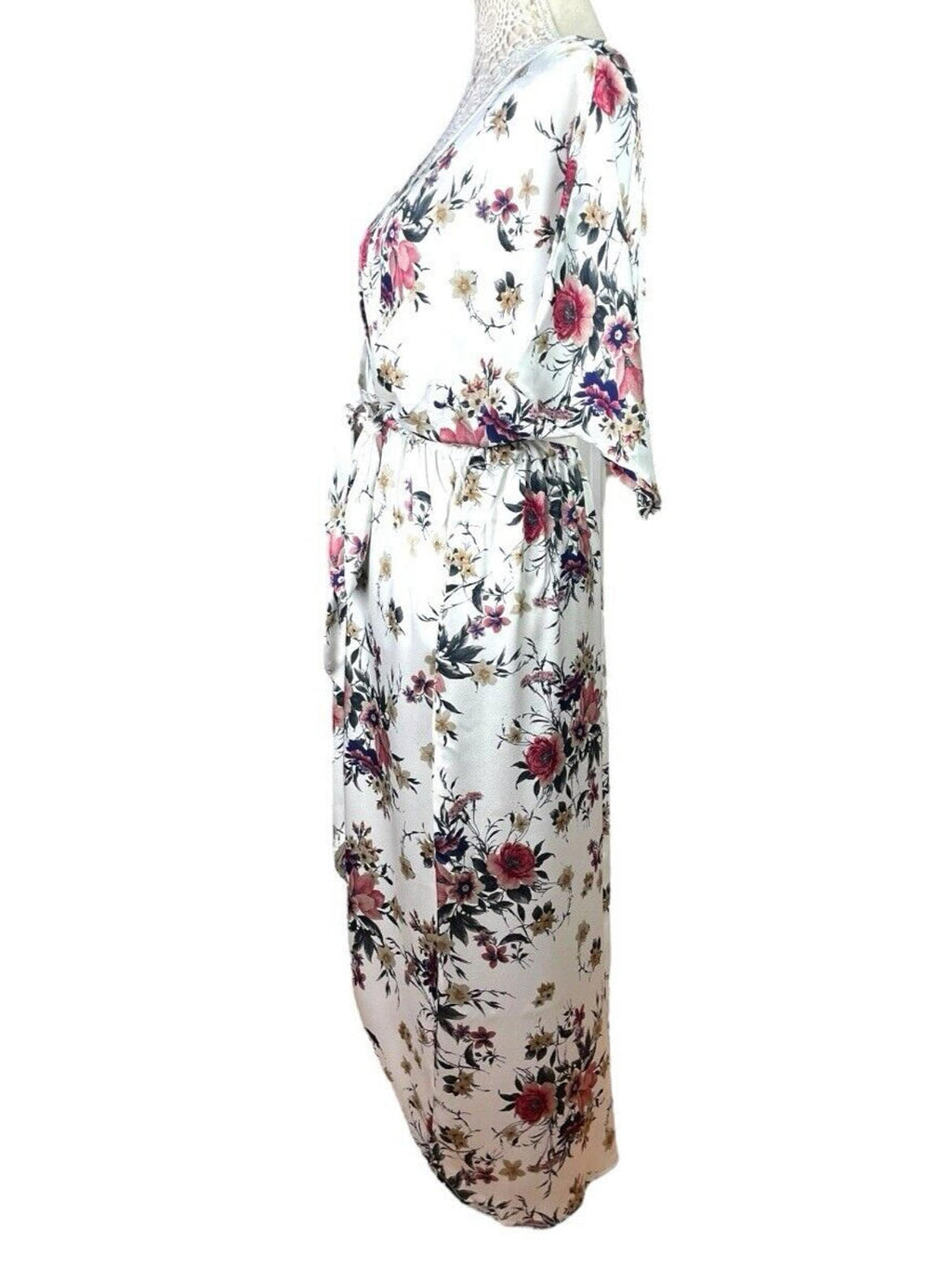 Yoins White Floral Maxi Dress Satin Effect Belted Women’s UK Size M (10-12)