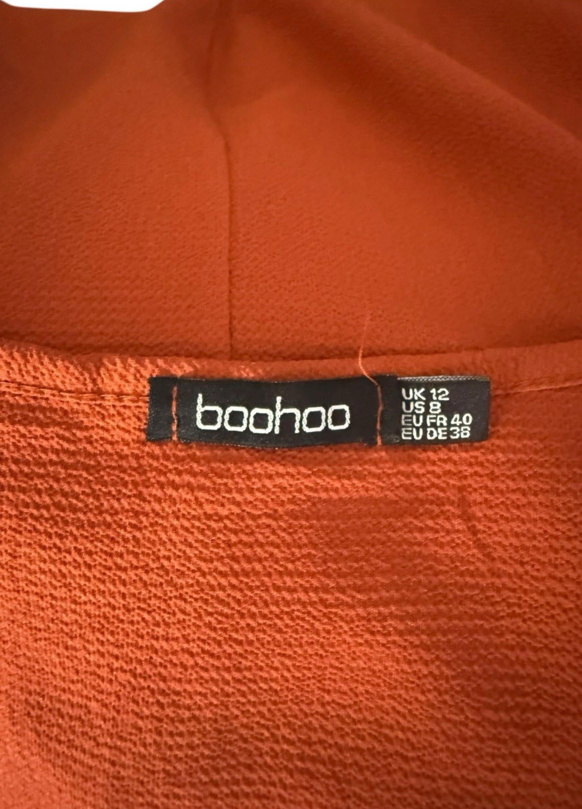 Boohoo Burnt Orange Mini Dress V Neck 3/4 Sleeve Women’s UK Size 12