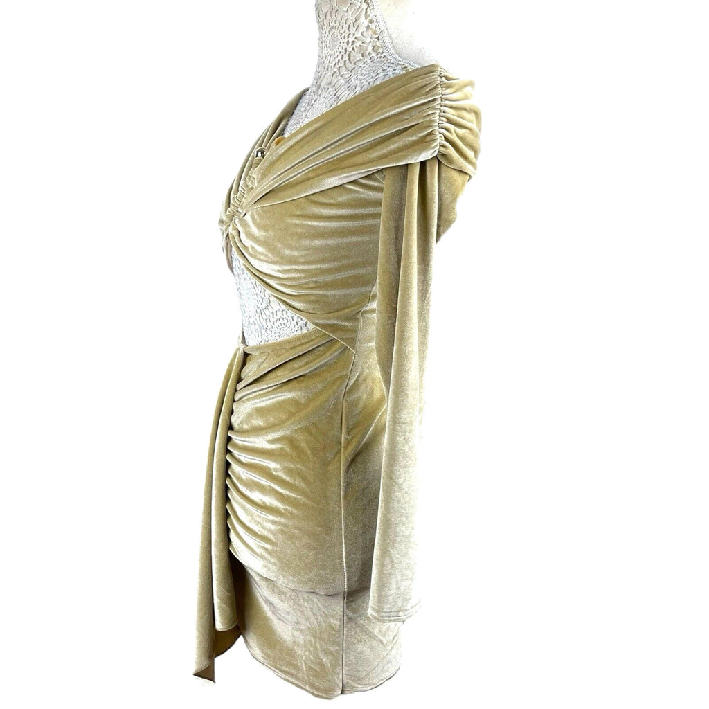 Gold Velour Cut Out Mini Dress Off Shoulder Ruffle Women’s UK Size 8