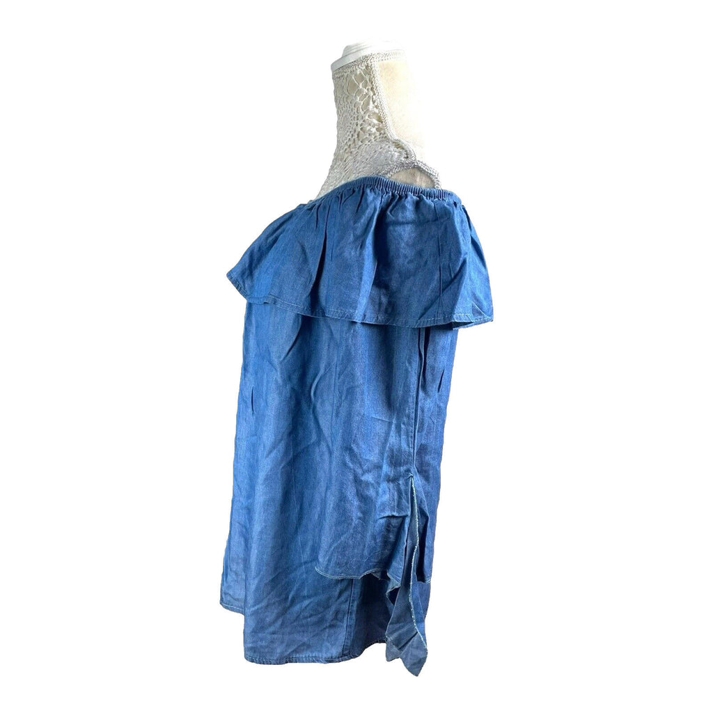 Quiz Off-Shoulder Blouse Women’s UK Size M-L Blue Denim Style Ruffle Long Sleeve