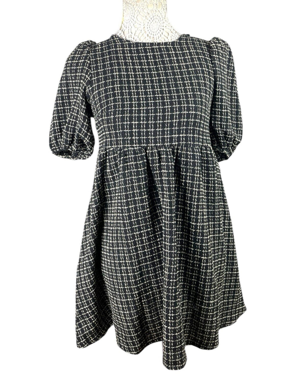 New Look Smock Dress Women's UK Size 6 Black Check Midi Short Puff Sleeve PETITE