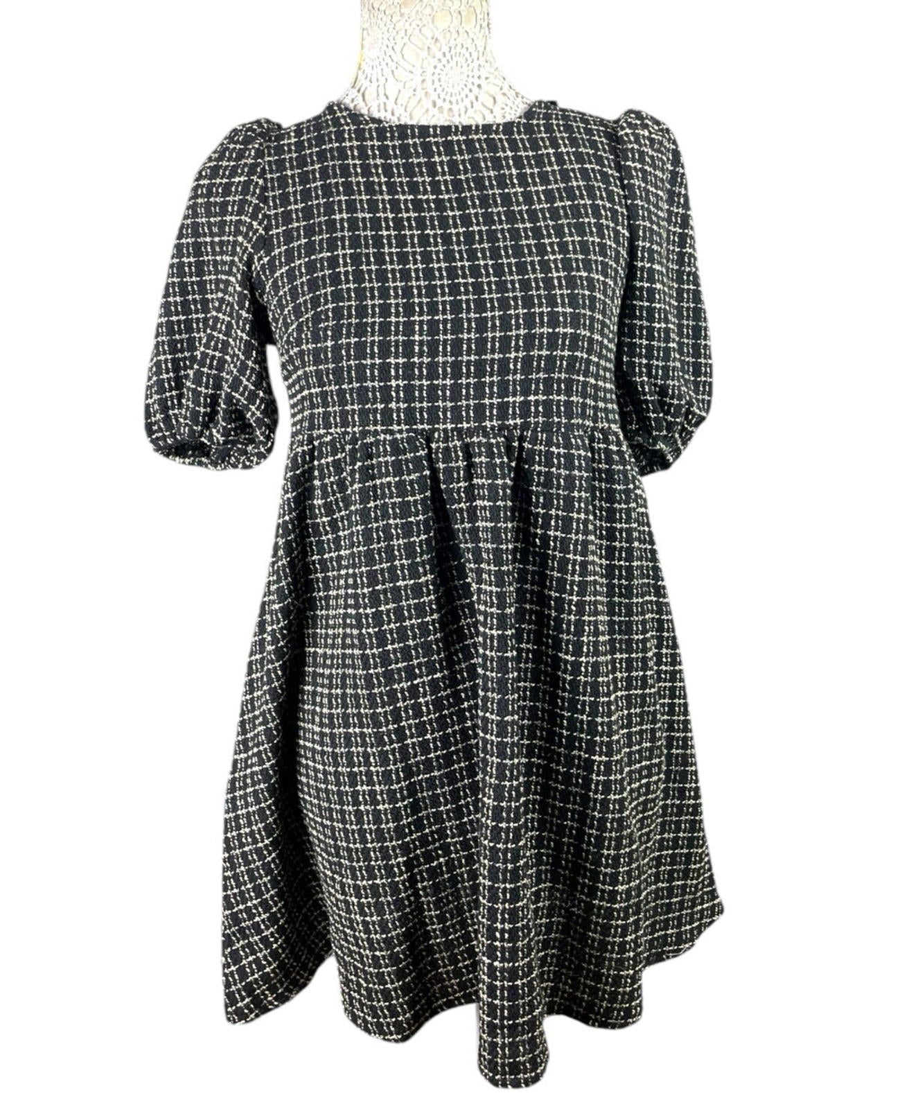 New Look Smock Dress Women's UK Size 6 Black Check Midi Short Puff Sleeve PETITE