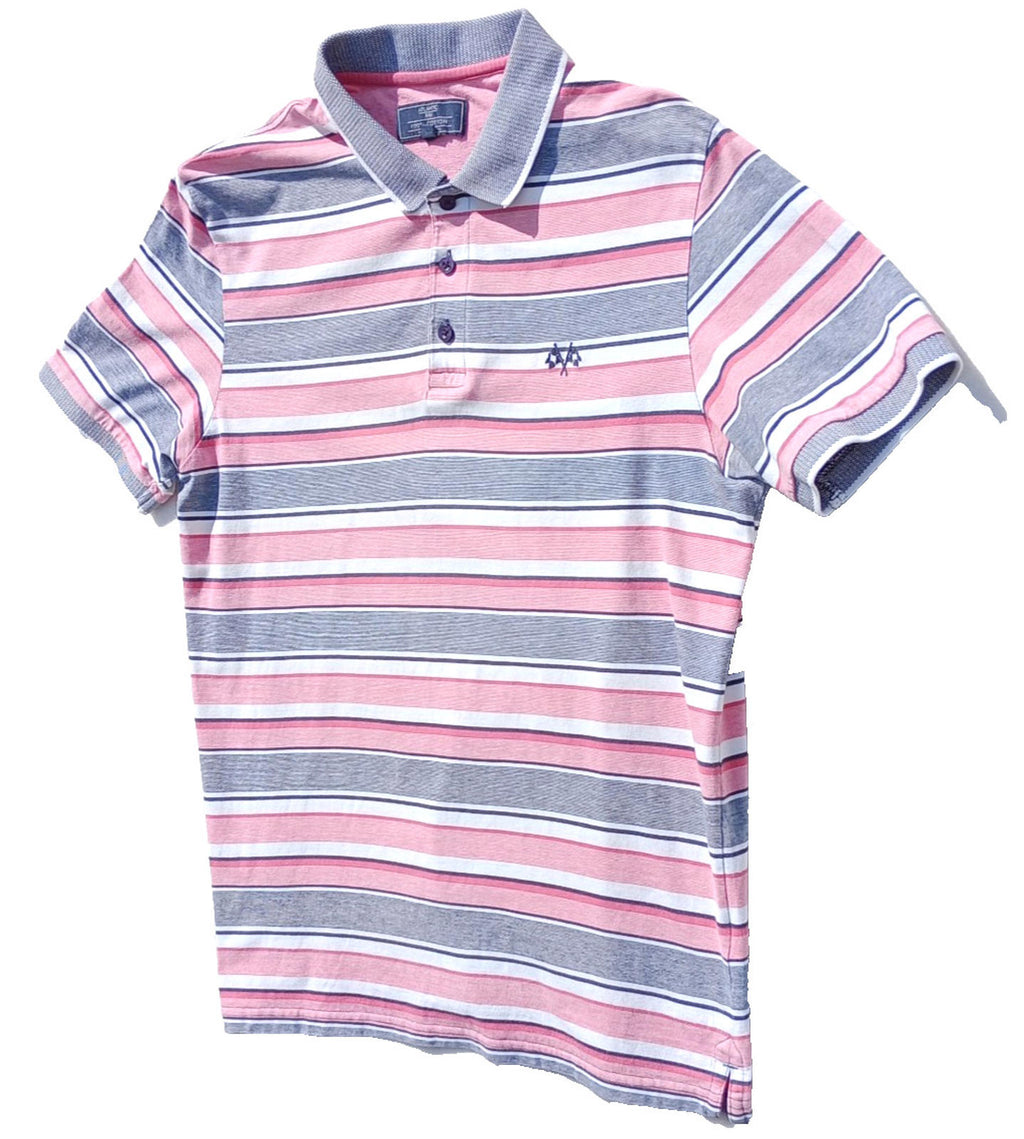 BHS Striped Polo Shirt Men's UK Size M Pink Grey 100% Cotton Embroidered Logo