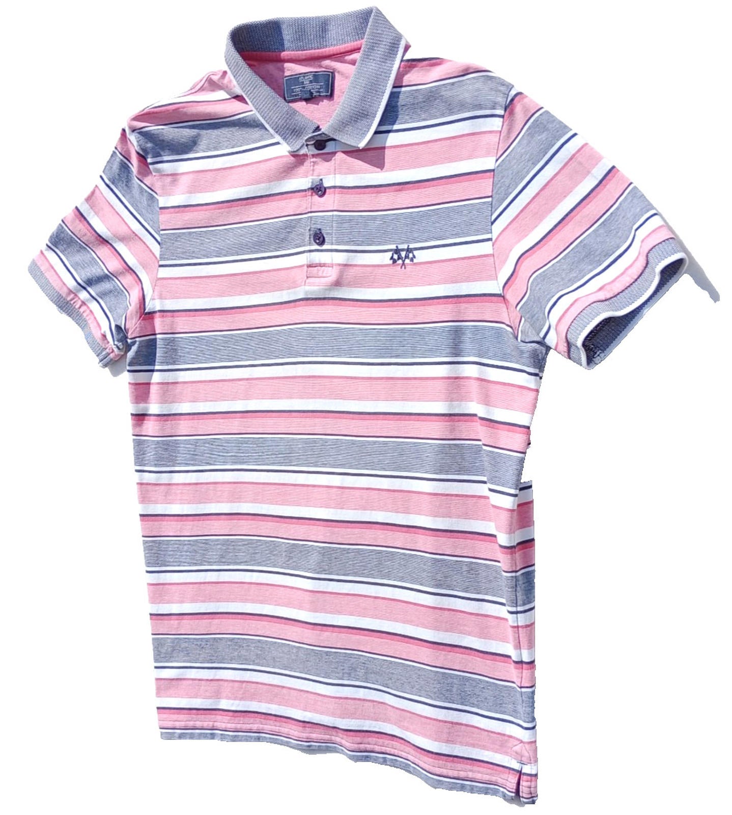 BHS Striped Polo Shirt Men's UK Size M Pink Grey 100% Cotton Embroidered Logo