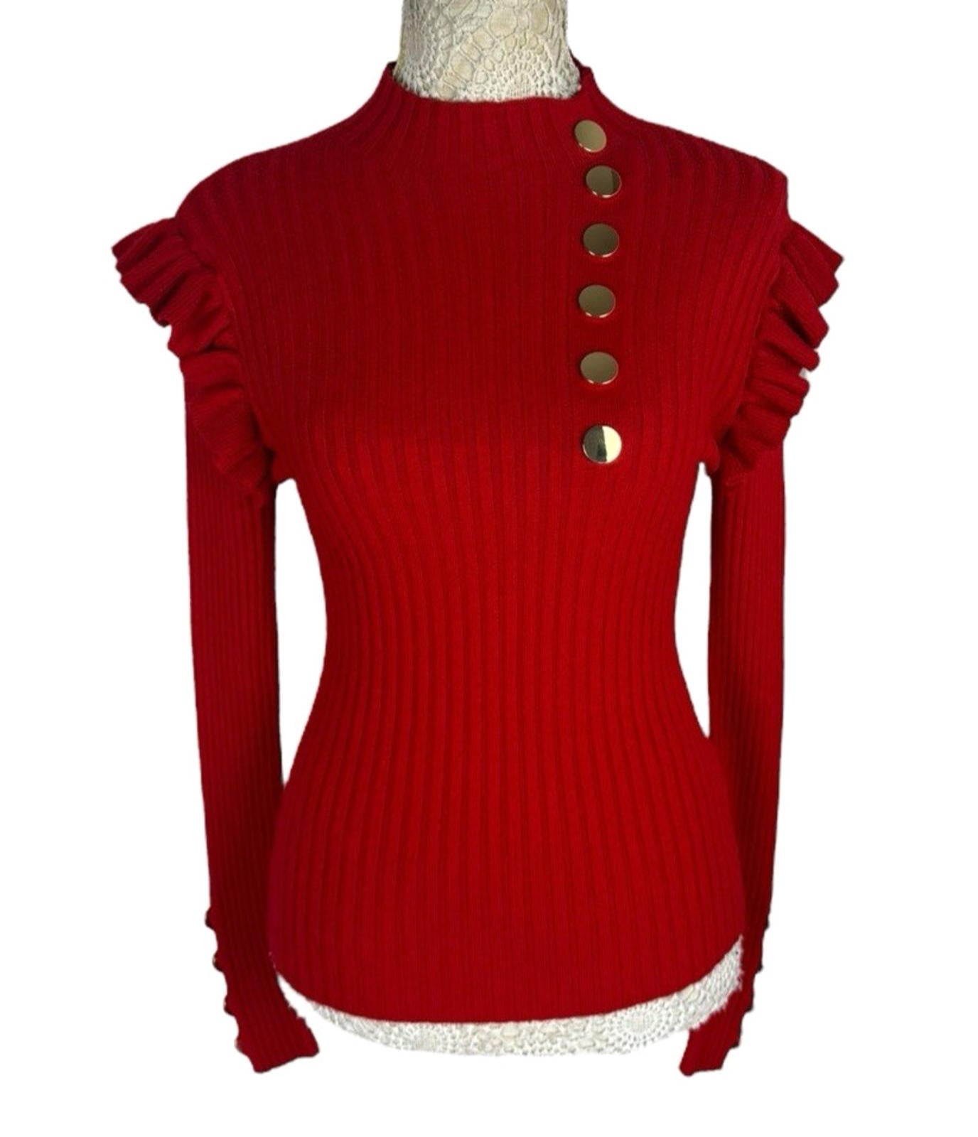 Moocci Red High Neck Knit Jumper Ribbed Gold Button Women’s UK Size M