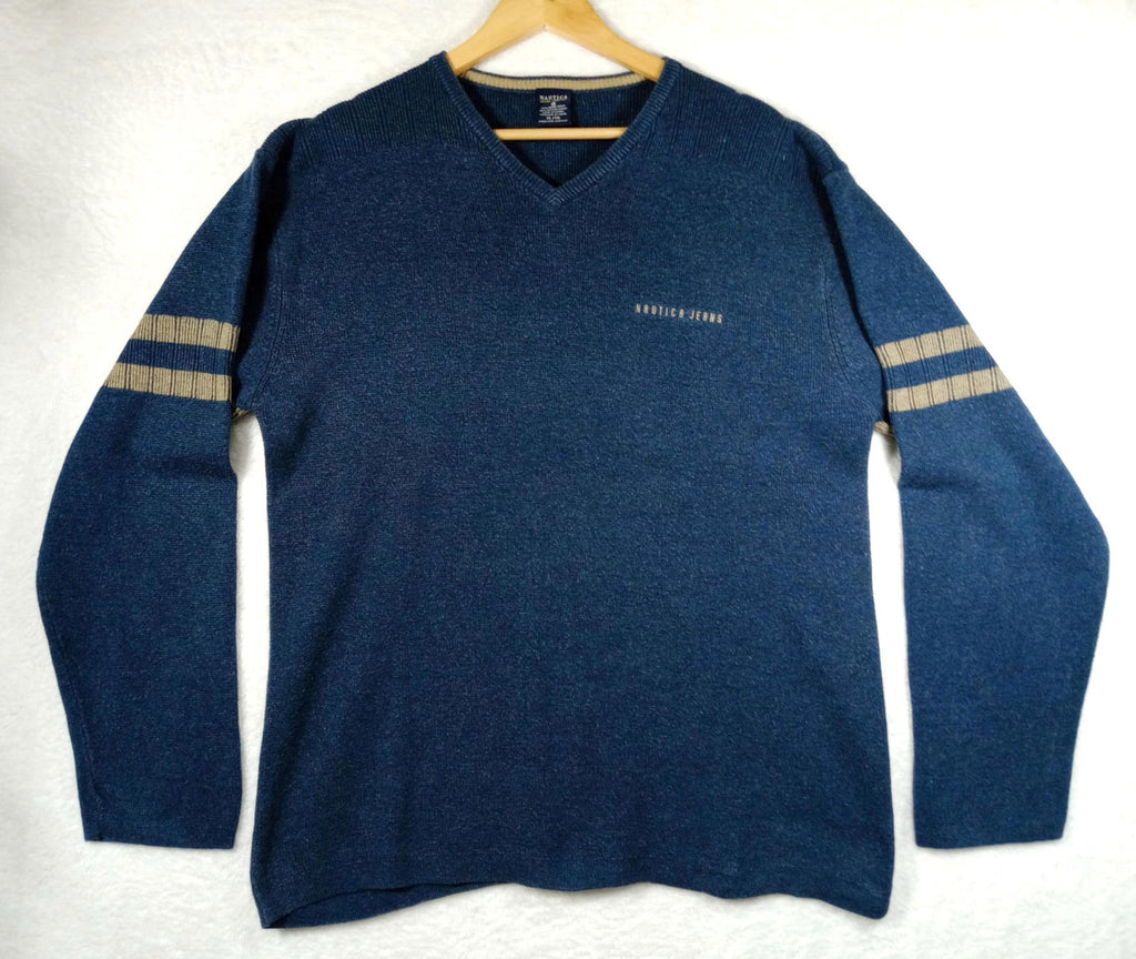 Nautica Knit Jumper Men's UK Size XL Blue Long Sleeve V-Neck Easy Care