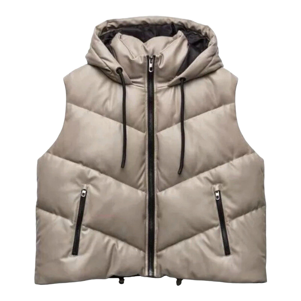 Zara Gilet Women's UK Size XS Faux Leather Puffer Beige Hooded Waist Coat