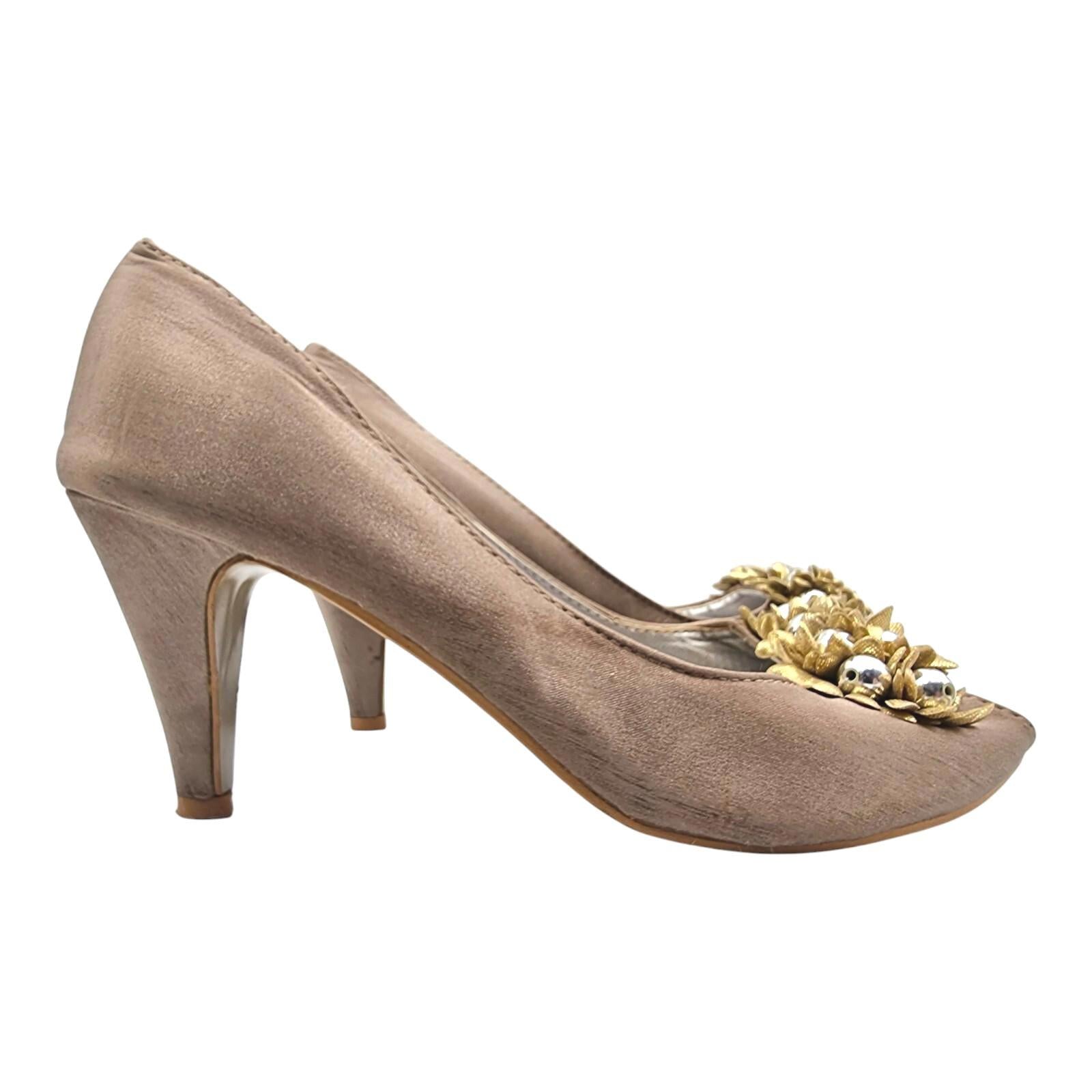 Jeckni Taupe Satin Slingback Court Shoes Women's UK Size 6.5 Gold Floral Corsage