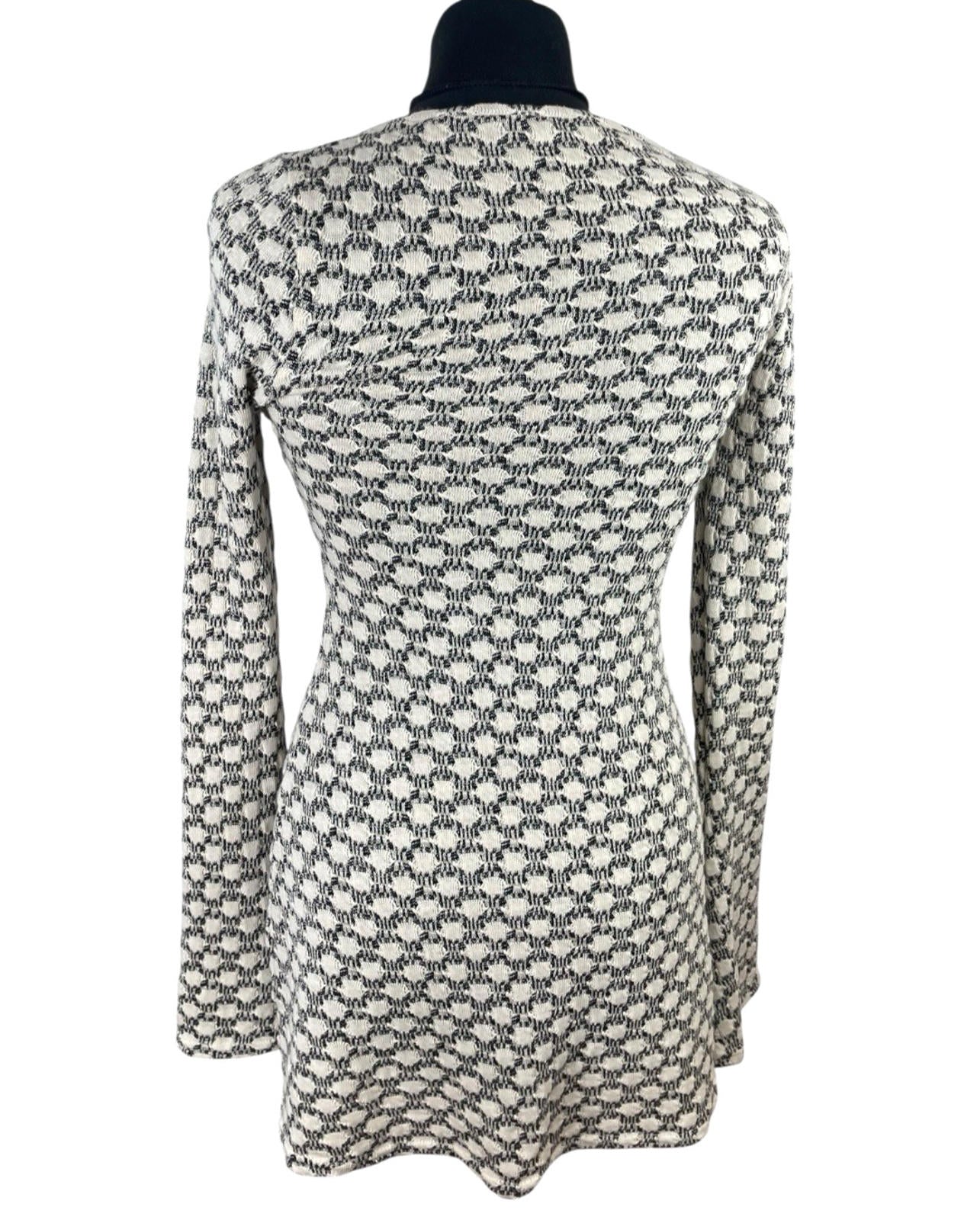 Textured Knit Mini Dress Women's UK Size 8 Flared Sleeve Beige Geometric