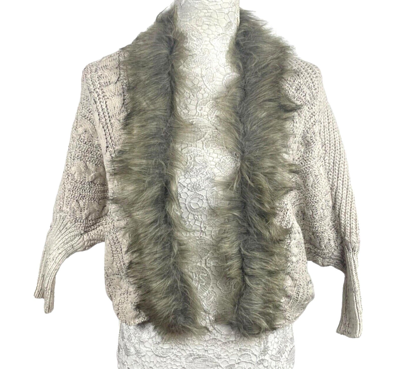 Faux Fur Trimmed Knit Cardigan Sweater Women's UK Size S