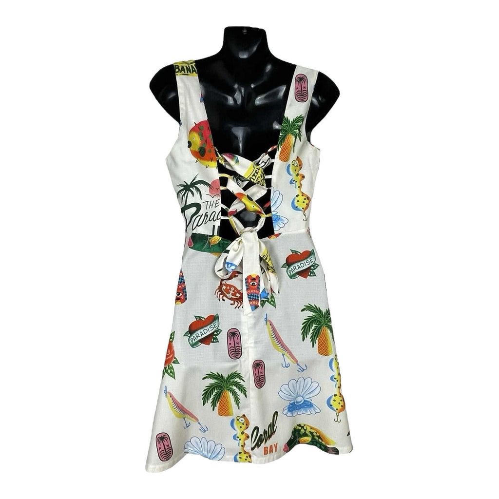 Comense Retro Summer Dress Women’s UK Size M Lace Up Back Mini Multicolour Print