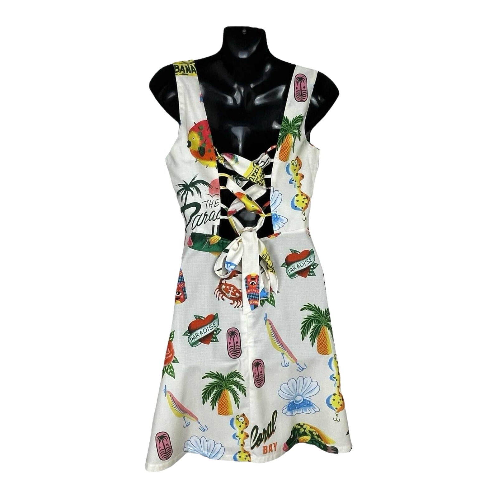 Comense Retro Summer Dress Women’s UK Size M Lace Up Back Mini Multicolour Print