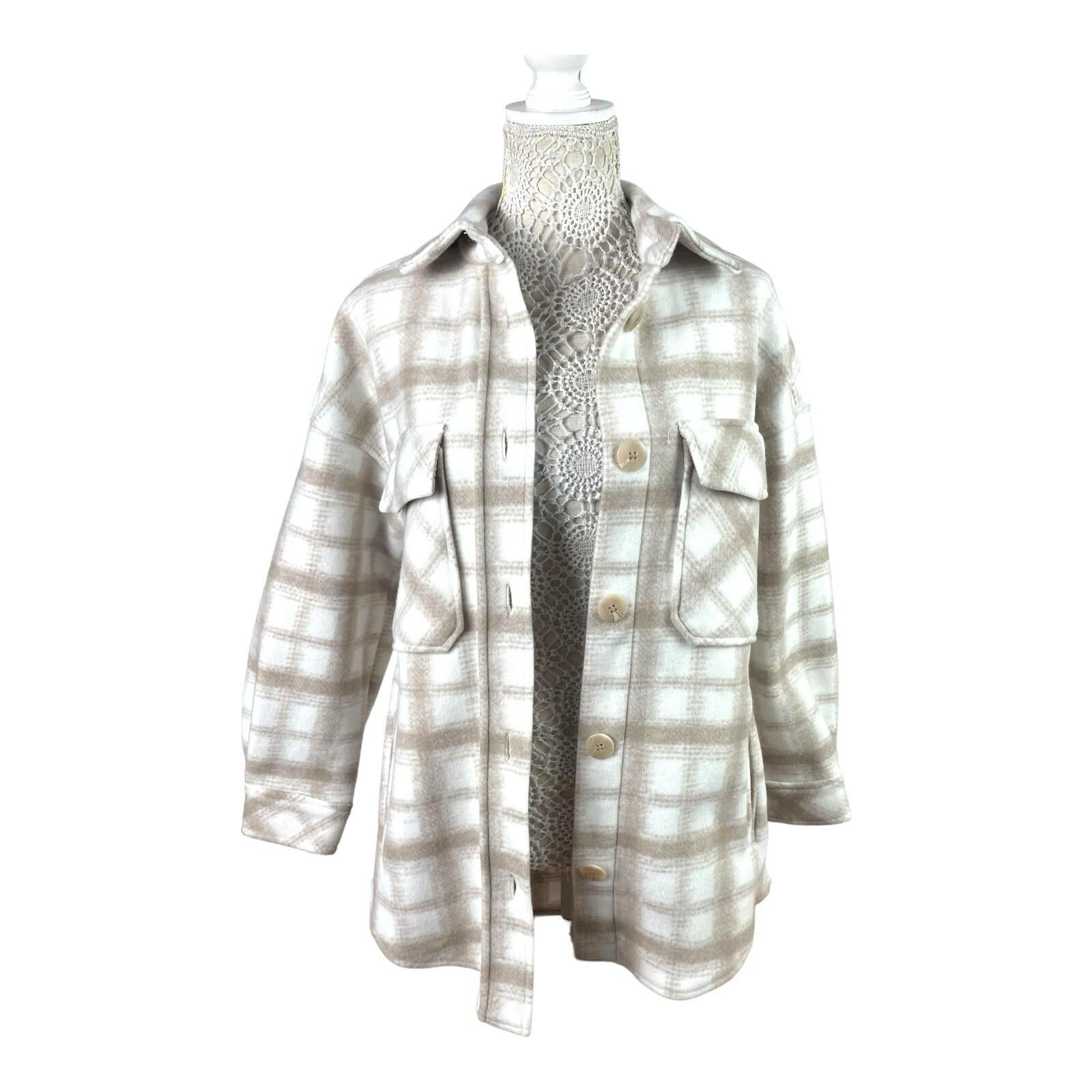 Stradivarius Beige Shirt Jacket Check Brushed Oversized Women’s UK Size XS