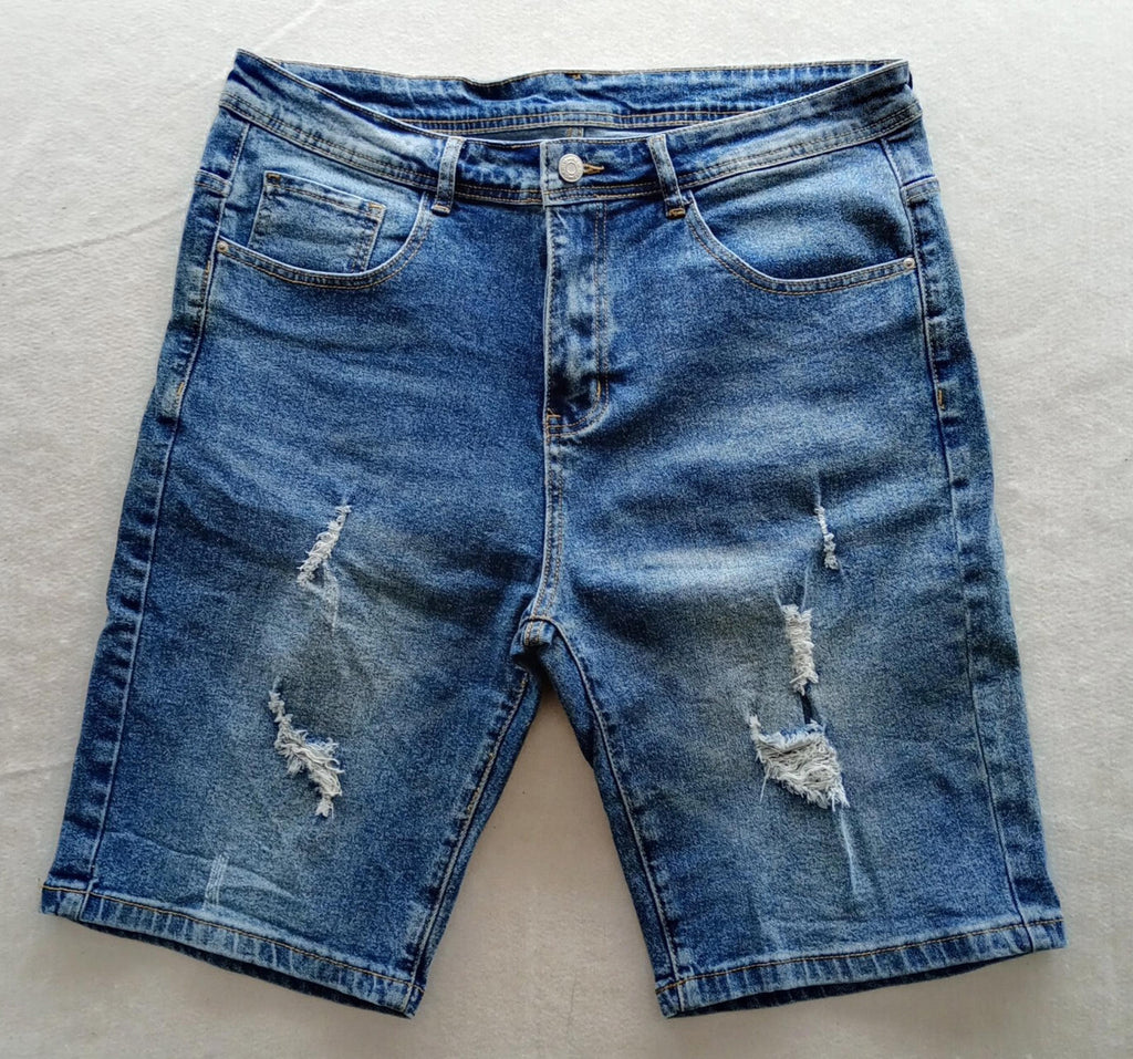 Shein Shorts Men's Size Large Blue Denim Cotton Rich 5 Pocket Design Distressed