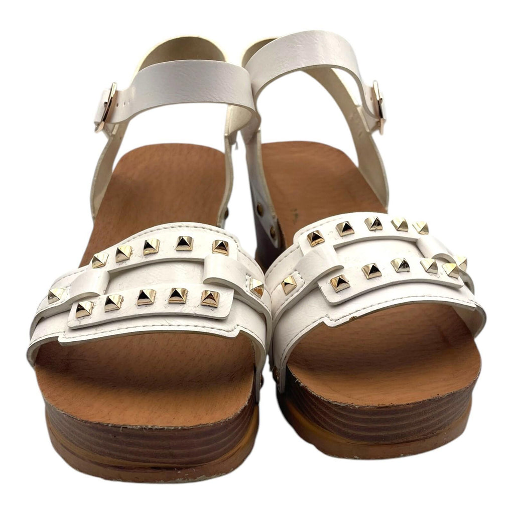 Wedge Sandals Women’s UK Size 5 White Faux Leather Studded Buckled Straps