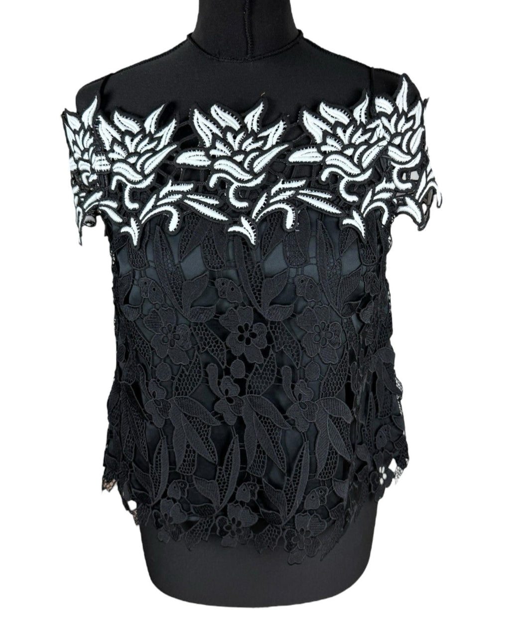 Topshop Black White Floral Lace Tank Top Strapping Sleeve Women’s UK Size 10