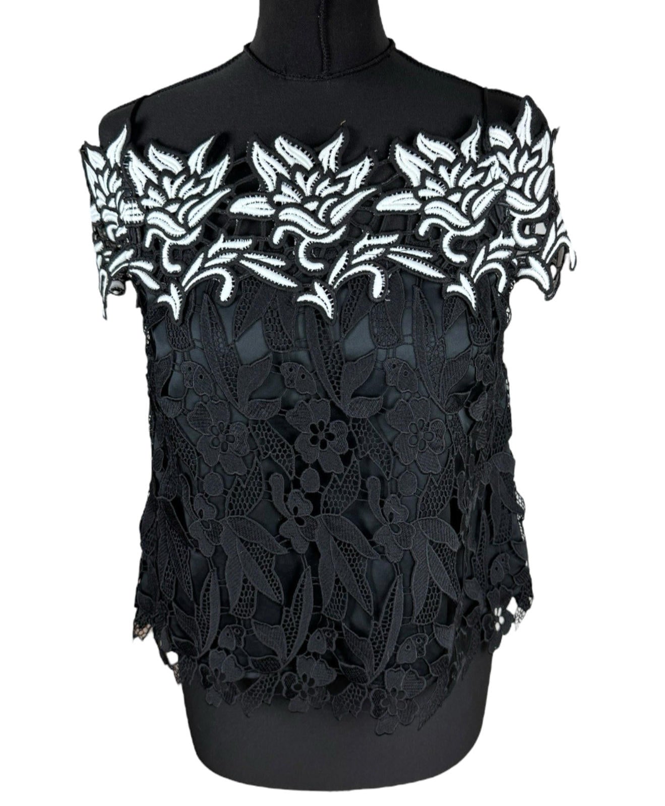 Topshop Black White Floral Lace Tank Top Strapping Sleeve Women’s UK Size 10