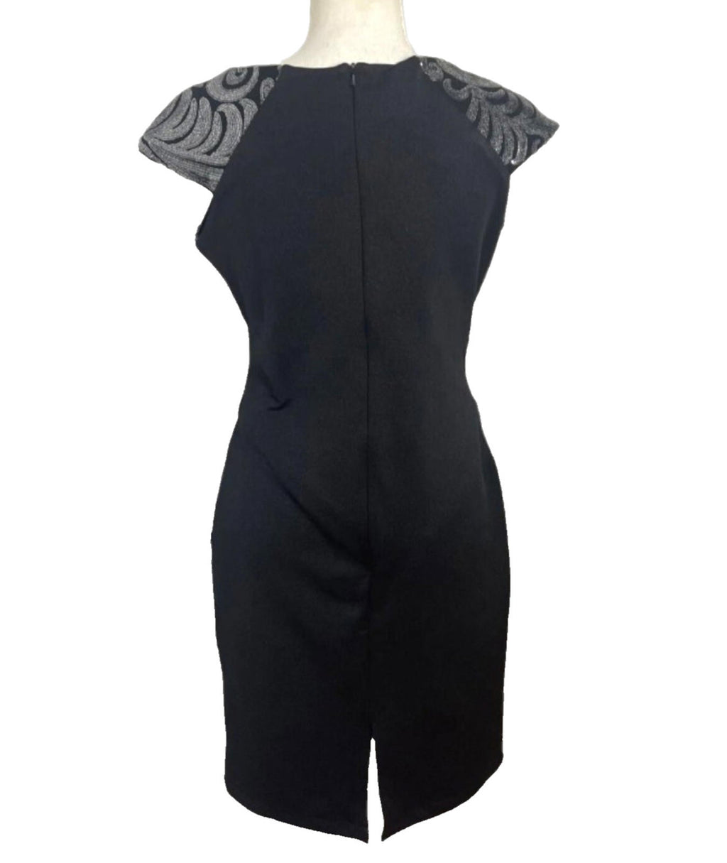 Amy Childs Black Midi Dress Silver Sequin Leaf Detail Women's UK Size 14