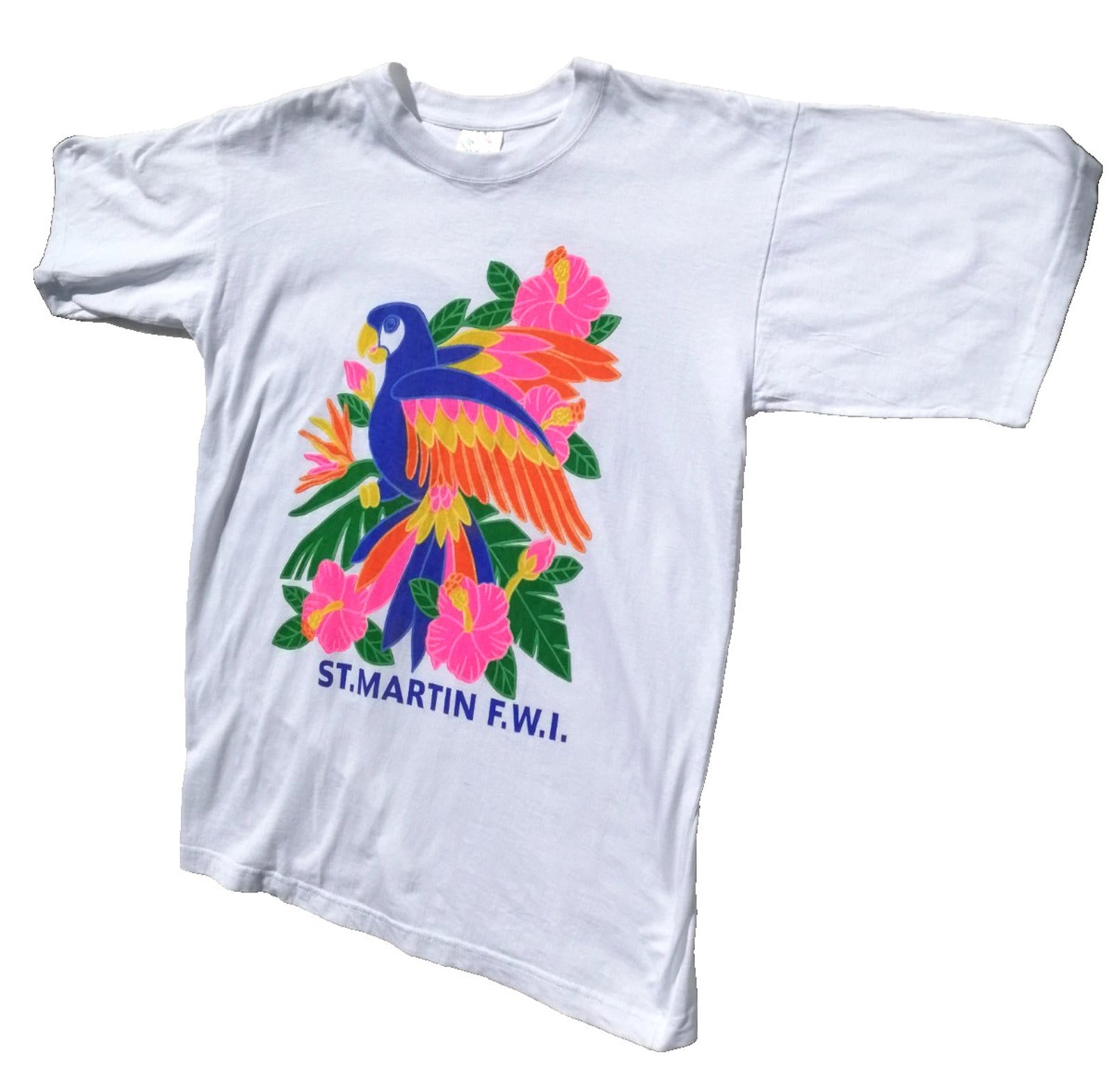 Colourful Parrot Caribbean Graphic Print T-Shirt Men's Size XL White Crew Neck