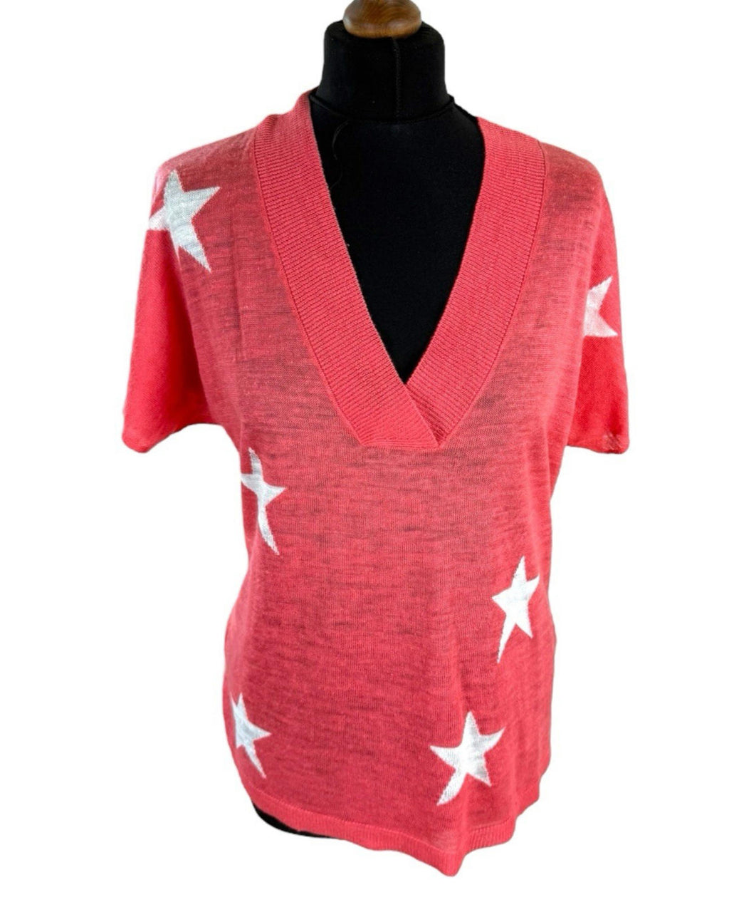Next Coral Star Pink Knit T-Shirt Top Women’s UK Size S Lightweight V-Neck Linen