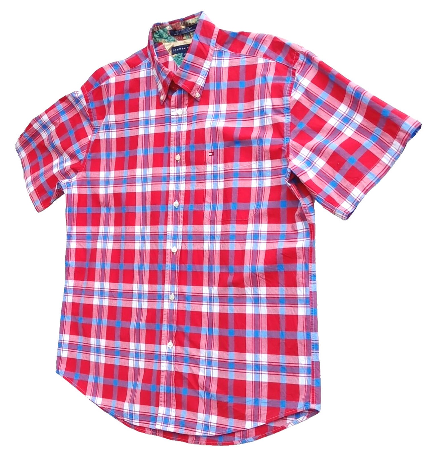 Tommy Hilfiger Shirt Men's UK Size L Red Check Short Sleeve Pockets 100% Cotton