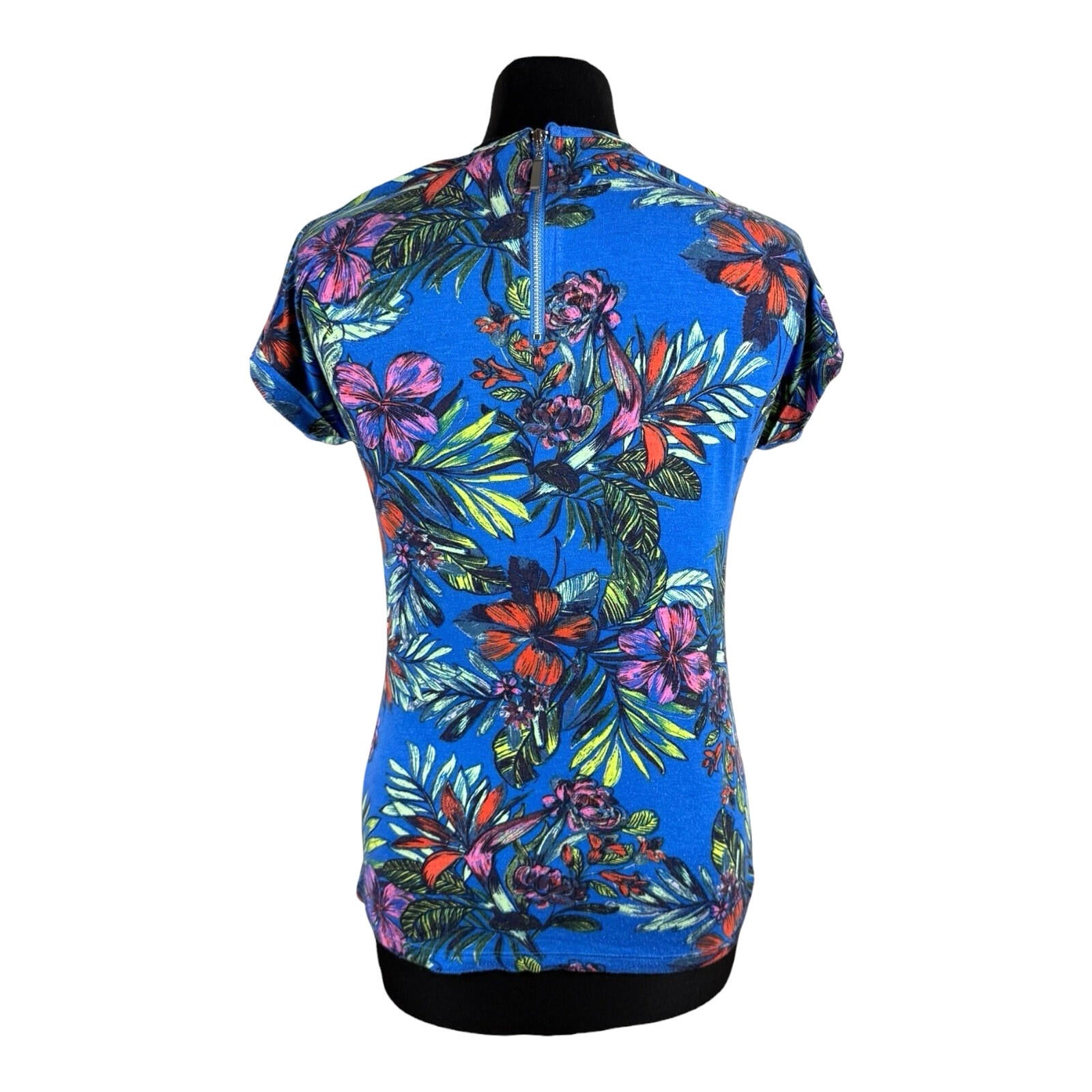 Peacocks T-Shirt Blouse Women’s UK Size 8 Tropical Print Zip Back Multicolour