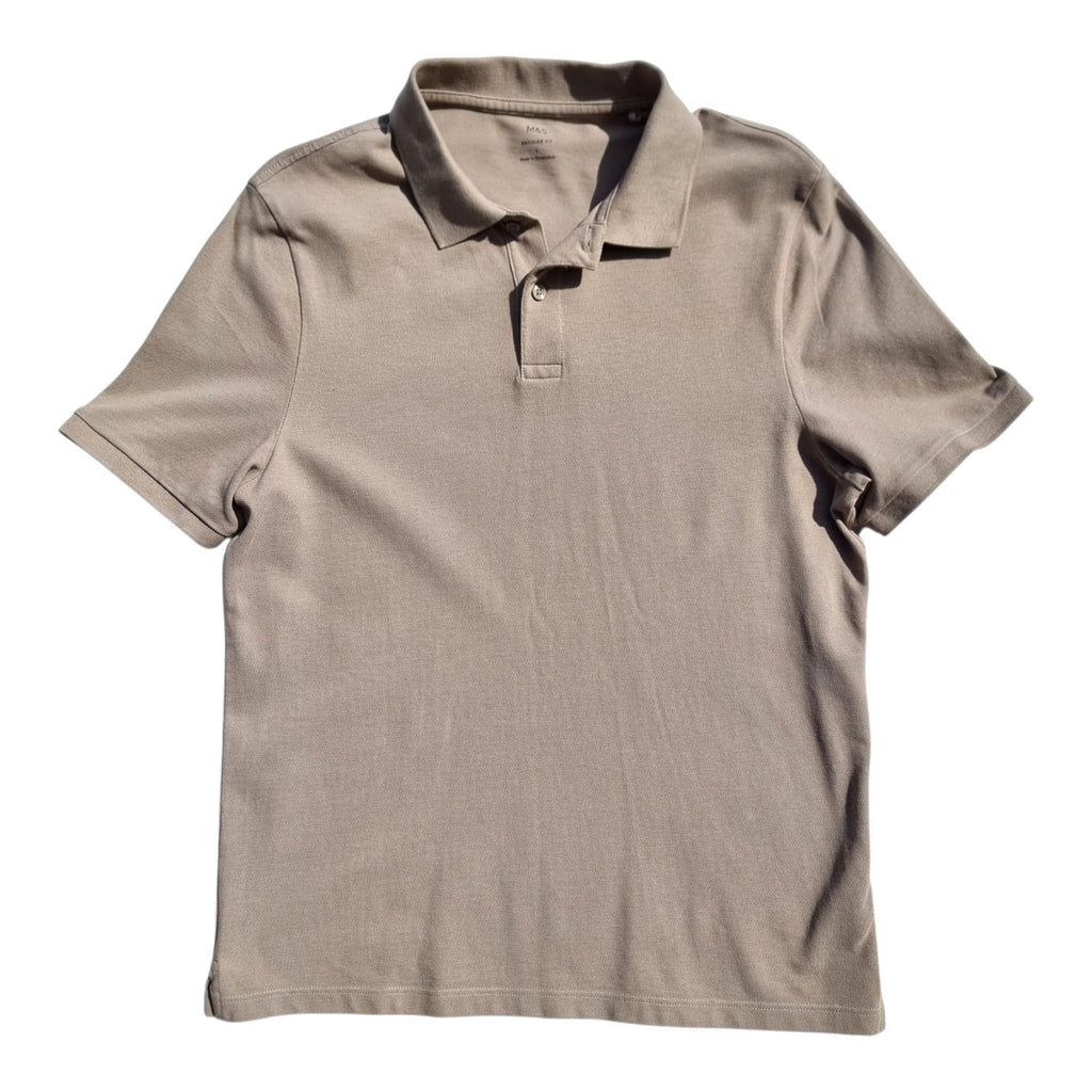 M&S Polo Shirt Men's UK Size L Beige Sand Short Sleeve 100% Cotton 41-43" Chest