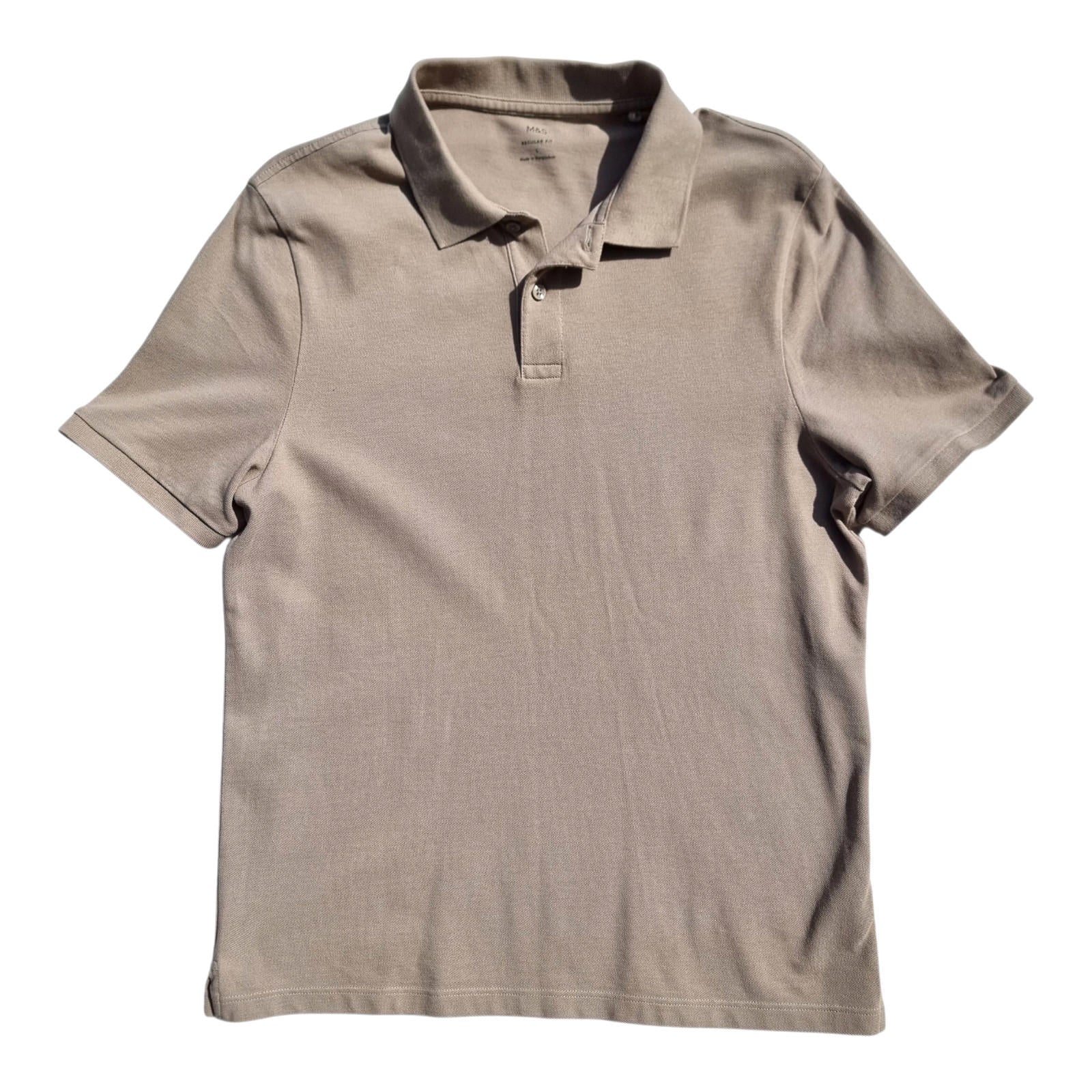 M&S Polo Shirt Men's UK Size L Beige Sand Short Sleeve 100% Cotton 41-43" Chest
