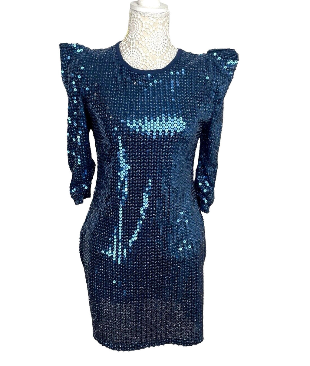 Glamorous Mini Dress Navy Blue Sequin Puff Sleeve Women’s UK Size 10